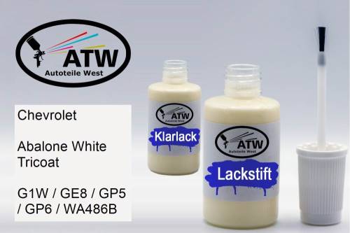 Chevrolet, Abalone White Tricoat, G1W / GE8 / GP5 / GP6 / WA486B: 20ml Lackstift + 20ml Klarlack - Set, von ATW Autoteile West.